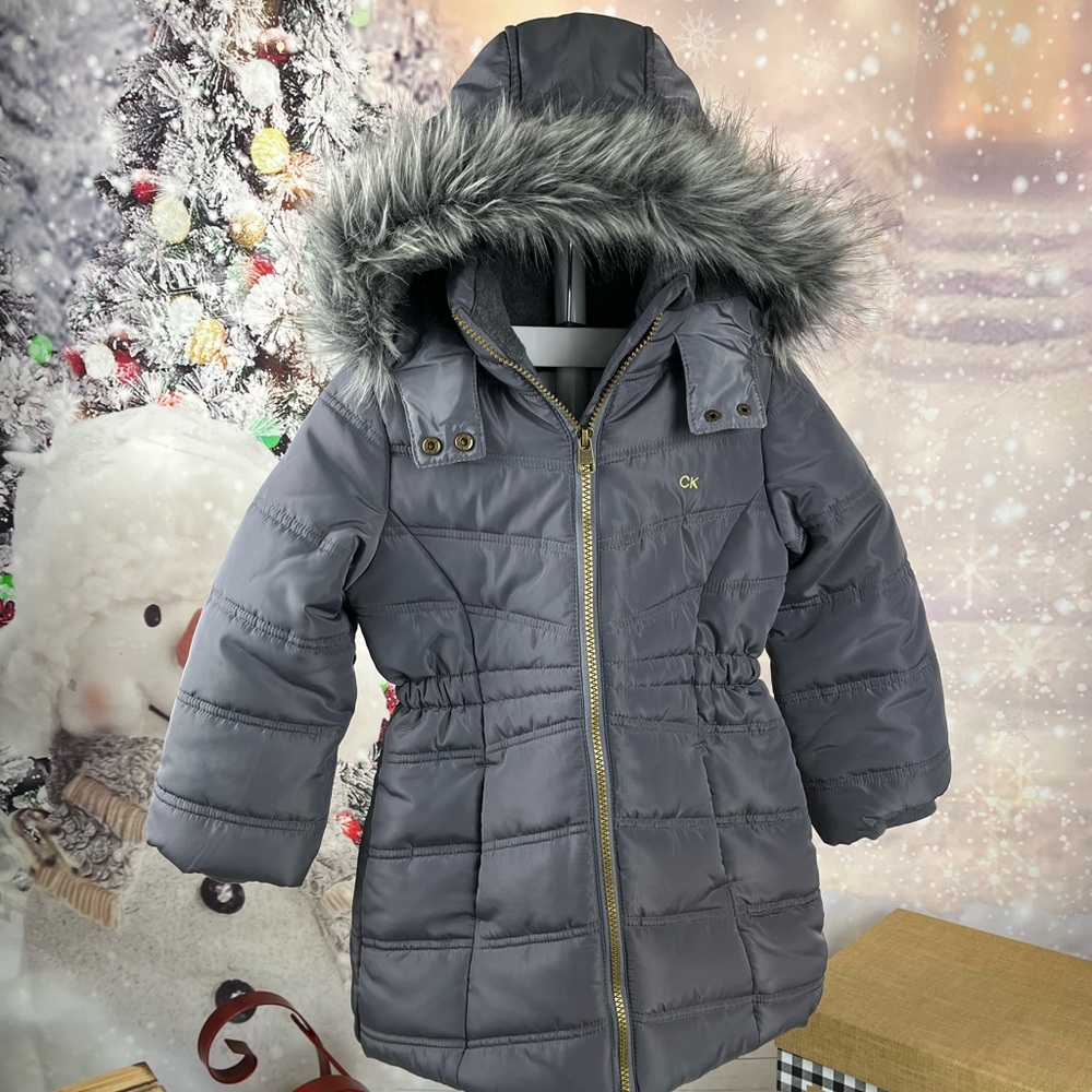 NEW! Calvin Klein winter jacket, girls, grey, T4, modern, warm, faux fur hood